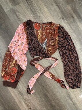 Free People Mixed Paisley Wrap Crop Top in Pink and Brown